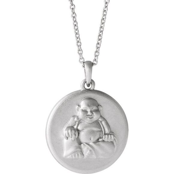 Sterling Silver Embossed Buddha 16mm Disc Necklace 16-18 Inch